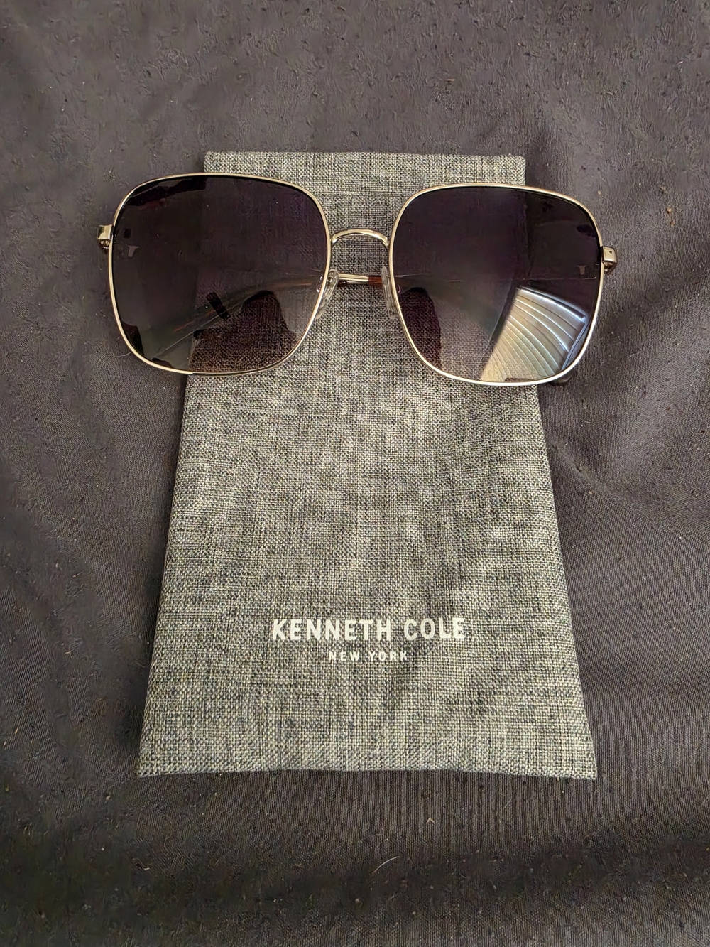 Kenneth Cole Gold Frame Oversized Square Sunglasses - Black Gradient Lenses - Picture 2 of 5